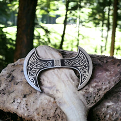 Warriors Outfit Hand Forged Etching  Double Edged - Viking Axe, Twin Blade,  Battle Axe, Camping, Survival, Outdoors, Wood Chopping Axes (Length - 9.5'')