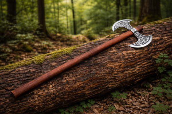 Warriors Outfit Double Blade Throwing Battle Axe – Viking Style Engraved Dual Head Axe with Wooden Handle, Balanced for Throwing Practice, Medieval Inspired Axe for Outdoor Use and Collection