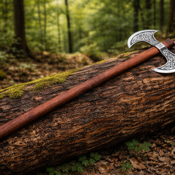 Warriors Outfit Double Blade Throwing Battle Axe – Viking Style Engraved Dual Head Axe with Wooden Handle, Balanced for Throwing Practice, Medieval Inspired  Axe for Outdoor Use and Collection