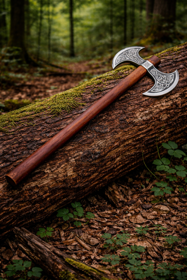 Warriors Outfit Double Blade Throwing Battle Axe – Viking Style Engraved Dual Head Axe with Wooden Handle, Balanced for Throwing Practice, Medieval Inspired Axe for Outdoor Use and Collection