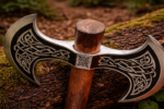 Warriors Outfit Double Blade Throwing Battle Axe – Viking Style Engraved Dual Head Axe with Wooden Handle, Balanced for Throwing Practice, Medieval Inspired Axe for Outdoor Use and Collection