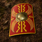 WarriorsOutfit  Medieval Roman Shield Handcrafted Wooden Scutum Shield with Metal Boss Historical Reenactment Decor