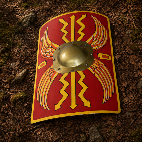 WarriorsOutfit  Medieval Roman Shield Handcrafted Wooden Scutum Shield with Metal Boss Historical Reenactment Decor