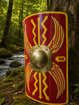 WarriorsOutfit  Medieval Roman Shield Handcrafted Wooden Scutum Shield with Metal Boss Historical Reenactment Decor