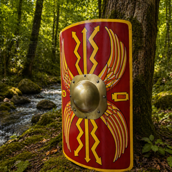 WarriorsOutfit  Medieval Roman Shield Handcrafted Wooden Scutum Shield with Metal Boss Historical Reenactment Decor