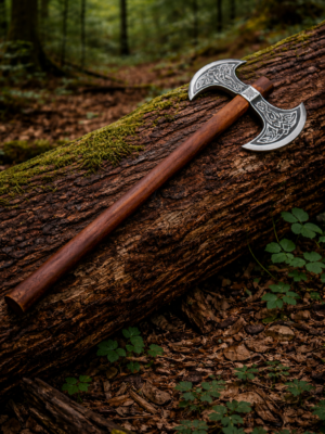 Warriors Outfit Double Blade Throwing Battle Axe – Viking Style Engraved Dual Head Axe with Wooden Handle, Balanced for Throwing Practice, Medieval Inspired  Axe for Outdoor Use and Collection
