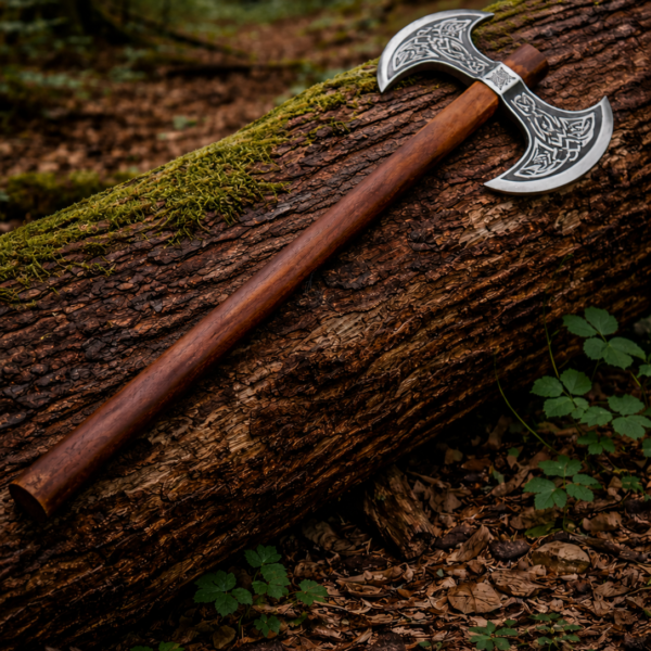 Warriors Outfit Double Blade Throwing Battle Axe – Viking Style Engraved Dual Head Axe with Wooden Handle, Balanced for Throwing Practice, Medieval Inspired  Axe for Outdoor Use and Collection