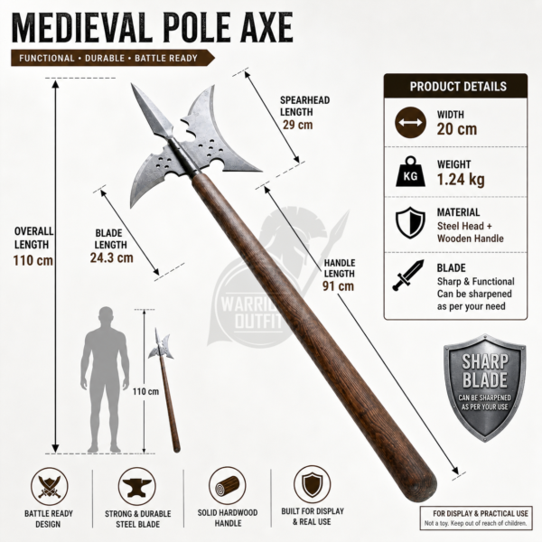 Warriors Outfit Medieval High Carbon Steel Medieval Halberd with Holes- Heavy Duty Sergeants Halberd Fully Functional