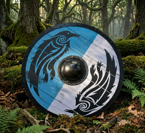Warriors Outfit Hand-Crafted Wooden Viking Raven Warrior Battle Shield – Norse Round Wooden Shield