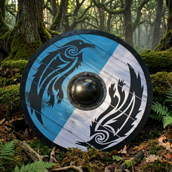 Warriors Outfit Hand-Crafted Wooden Viking Raven Warrior Battle Shield – Norse Round Wooden Shield