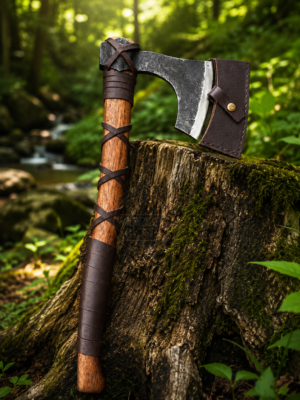 Warriors Outfit Hand Forged Bearded Viking Axe with Hardwood Handle & Leather Wrap and Cover – Traditional Camping, Bushcraft & Wood Cutting Axe