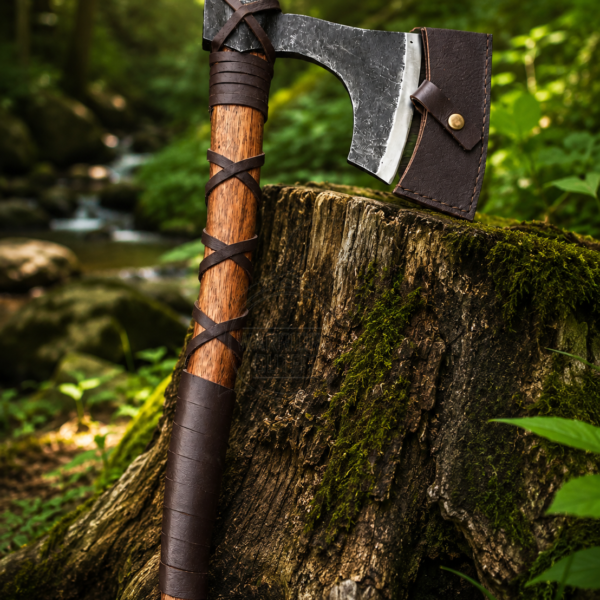 Warriors Outfit Hand Forged Bearded Viking Axe with Hardwood Handle & Leather Wrap and Cover – Traditional Camping, Bushcraft & Wood Cutting Axe