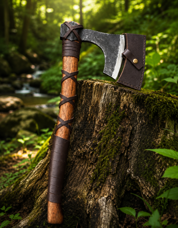 Warriors Outfit Hand Forged Bearded Viking Axe with Hardwood Handle & Leather Wrap and Cover – Traditional Camping, Bushcraft & Wood Cutting Axe
