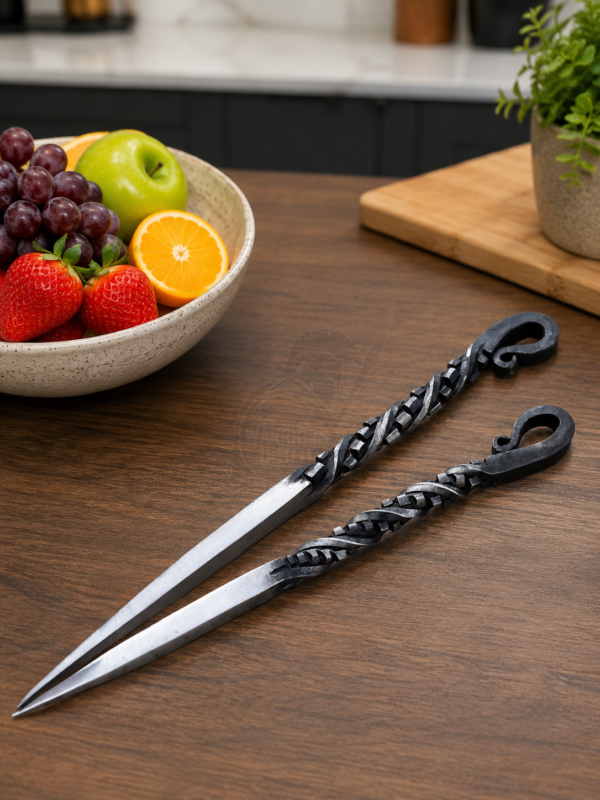 Warriors Outfit Hand Forged Food Stick – 19 cm Handmade Iron Food Pick with Decorative Twisted Handle – Reusable Serving Stick