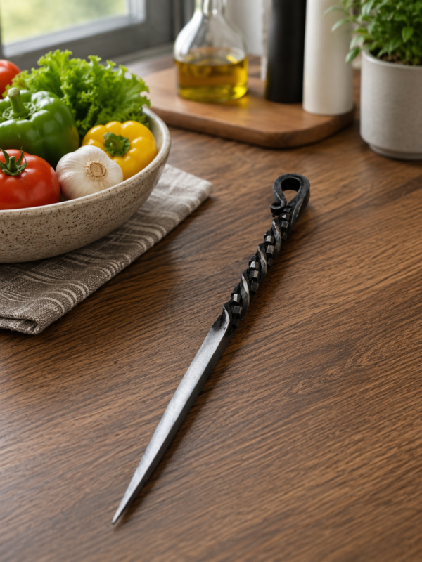 Warriors Outfit Hand Forged Food Stick – 19 cm Handmade Iron Food Pick with Decorative Twisted Handle – Reusable Serving Stick