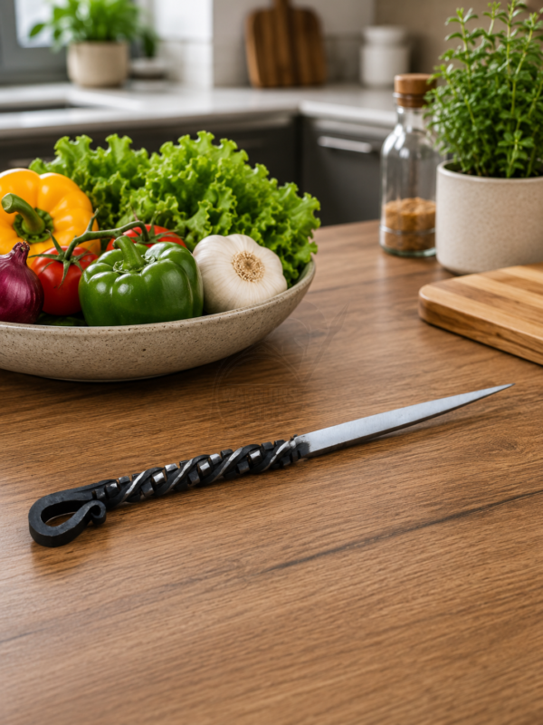 Warriors Outfit Hand Forged Food Stick – 19 cm Handmade Iron Food Pick with Decorative Twisted Handle – Reusable Serving Stick