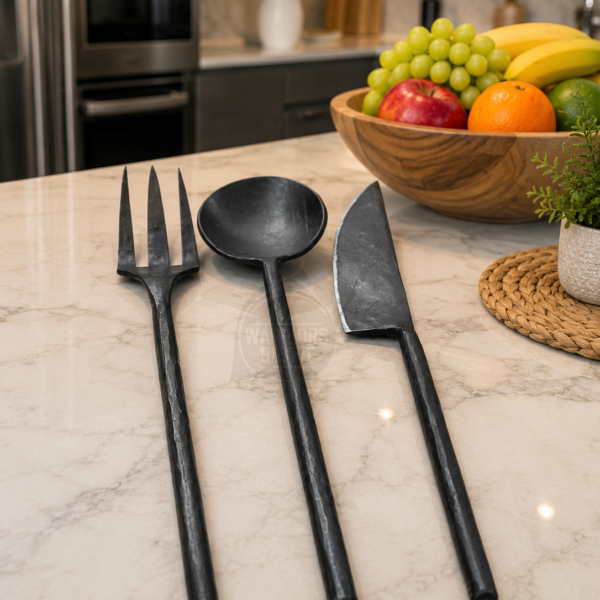 Warriors Outfit Hand Forged Medieval Cutlery Set – Handmade Iron Fork, Spoon & Chef Knife – Rustic Blacksmith Kitchen Utensil Set