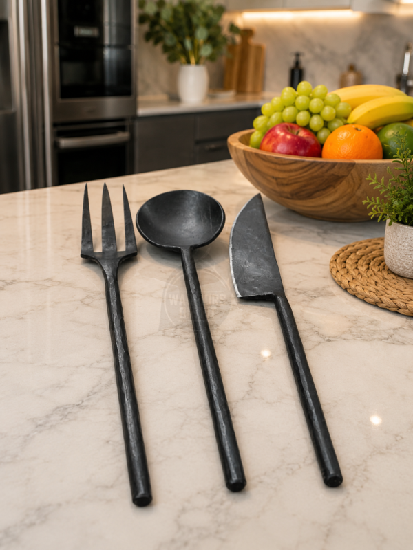 Warriors Outfit Hand Forged Medieval Cutlery Set – Handmade Iron Fork, Spoon & Chef Knife – Rustic Blacksmith Kitchen Utensil Set
