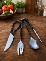 Hand Forged Medieval Cutlery Set – Viking Dining Utensils with Twisted Handles – Handmade Iron Fork, Spoon, Meat Pick & Knife Set