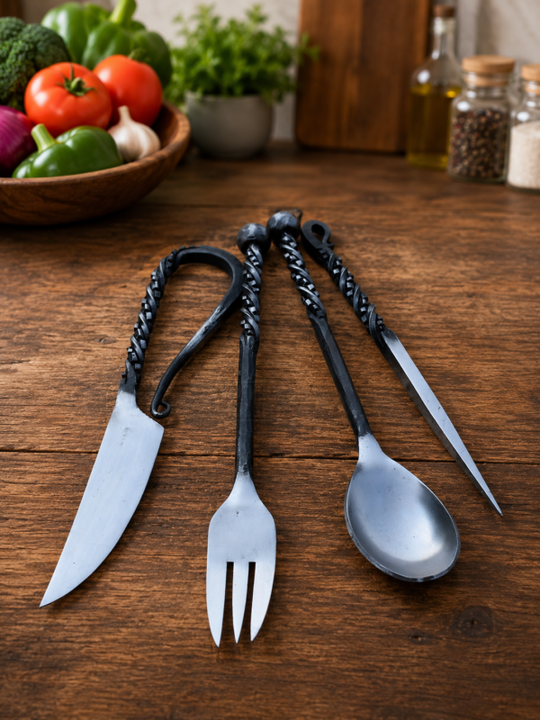 Hand Forged Medieval Cutlery Set – Viking Dining Utensils with Twisted Handles – Handmade Iron Fork, Spoon, Meat Pick & Knife Set