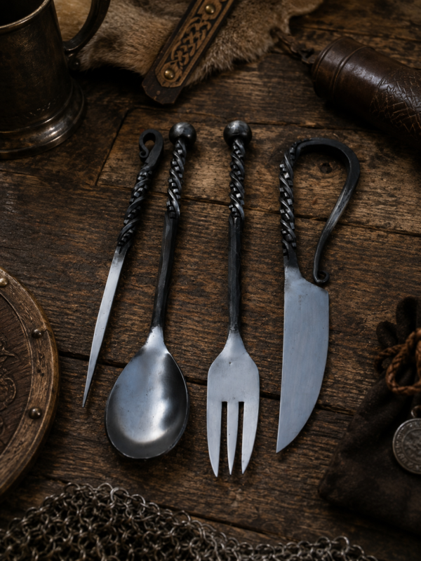 Hand Forged Medieval Cutlery Set – Viking Dining Utensils with Twisted Handles – Handmade Iron Fork, Spoon, Meat Pick & Knife Set