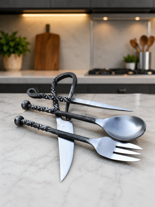 Hand Forged Medieval Cutlery Set – Viking Dining Utensils with Twisted Handles – Handmade Iron Fork, Spoon, Meat Pick & Knife Set