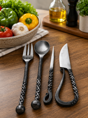 Hand Forged Medieval Cutlery Set – Viking Dining Utensils with Twisted Handles – Handmade Iron Fork, Spoon, Meat Pick & Knife Set