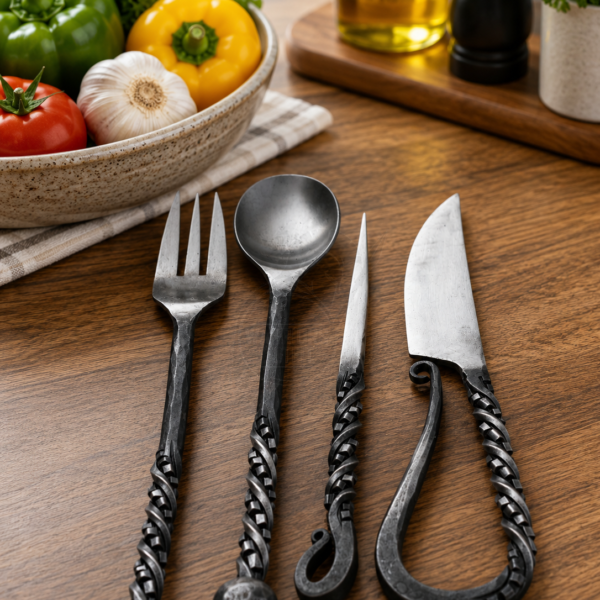 Hand Forged Medieval Cutlery Set – Viking Dining Utensils with Twisted Handles – Handmade Iron Fork, Spoon, Meat Pick & Knife Set