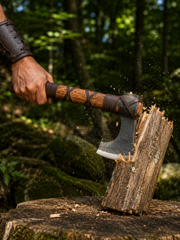 Warriors Outfit Hand Forged Bearded Viking Axe with Hardwood Handle & Leather Wrap and Cover – Traditional Camping, Bushcraft & Wood Cutting Axe