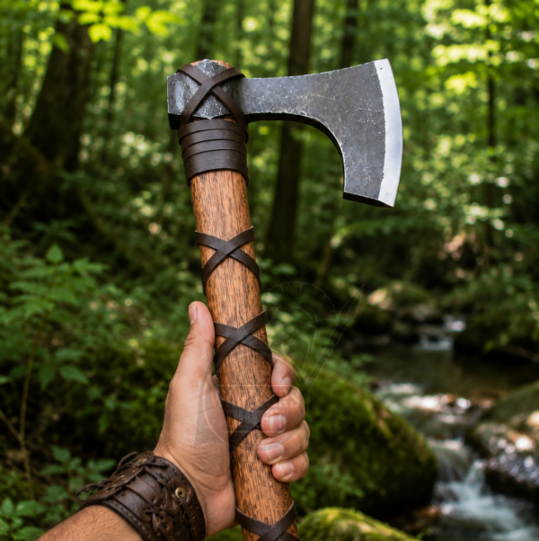 Warriors Outfit Hand Forged Bearded Viking Axe with Hardwood Handle & Leather Wrap and Cover – Traditional Camping, Bushcraft & Wood Cutting Axe