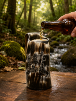 Warriors Outfit Handcrafted Wolf Design Black Base Drinking Horn Mug – Natural Ox Horn Beer Mug with Ergonomic Handle for Mead, Ale, Beer, Wine, Whiskey, Viking Feasts, Medieval Gatherings & Rustic Home Décor