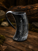 Warriors Outfit Handcrafted Wolf Design Black Base Drinking Horn Mug – Natural Ox Horn Beer Mug with Ergonomic Handle for Mead, Ale, Beer, Wine, Whiskey, Viking Feasts, Medieval Gatherings & Rustic Home Décor