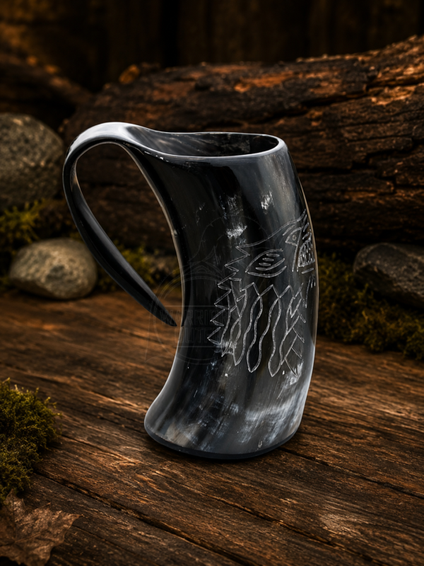 Warriors Outfit Handcrafted Wolf Design Black Base Drinking Horn Mug – Natural Ox Horn Beer Mug with Ergonomic Handle for Mead, Ale, Beer, Wine, Whiskey, Viking Feasts, Medieval Gatherings & Rustic Home Décor