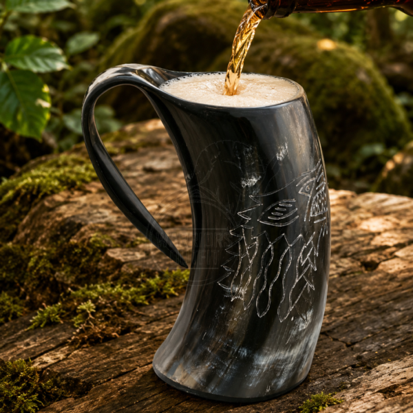 Warriors Outfit Handcrafted Wolf Design Black Base Drinking Horn Mug – Natural Ox Horn Beer Mug with Ergonomic Handle for Mead, Ale, Beer, Wine, Whiskey, Viking Feasts, Medieval Gatherings & Rustic Home Décor