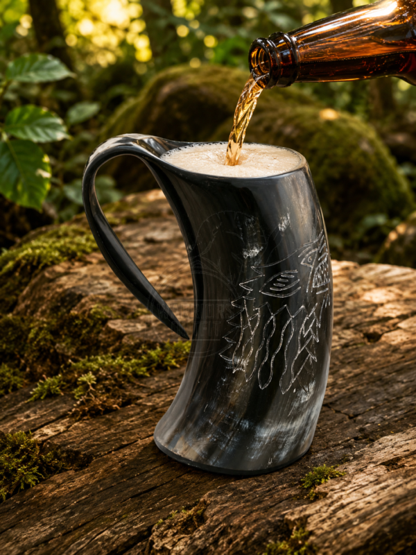 Warriors Outfit Handcrafted Wolf Design Black Base Drinking Horn Mug – Natural Ox Horn Beer Mug with Ergonomic Handle for Mead, Ale, Beer, Wine, Whiskey, Viking Feasts, Medieval Gatherings & Rustic Home Décor