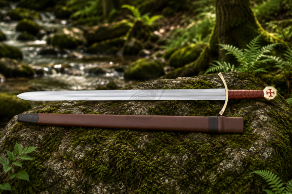 Warriors Outfit Hand Forged Templar Sword with Leather Scabbard – High Carbon Steel Medieval Knight Crusader Sword – Full Tang Handmade European Longsword