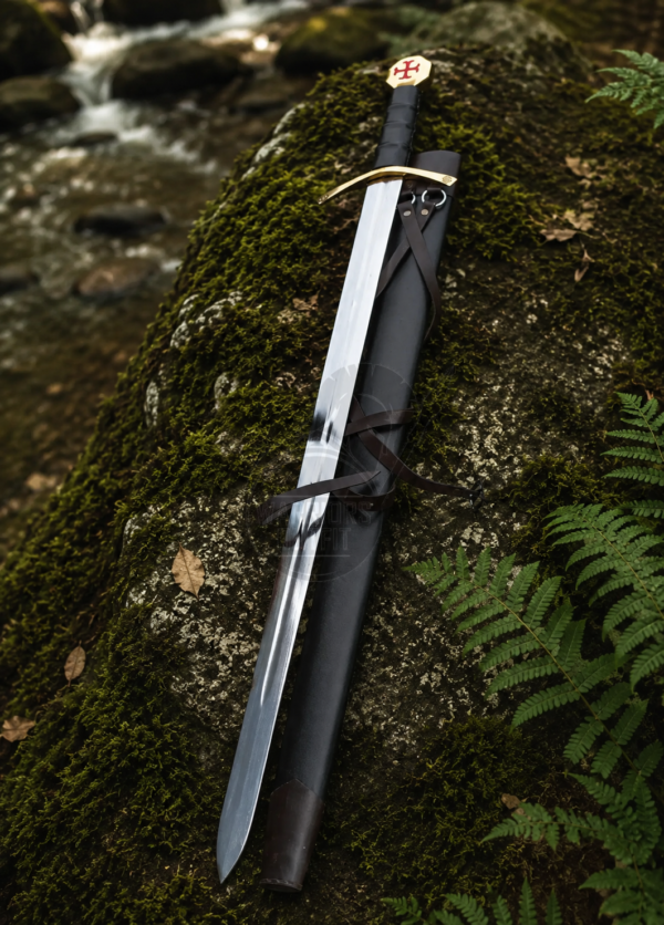 Warriors Outfit Hand Forged Templar Sword with Leather Scabbard – High Carbon Steel Medieval Knight Crusader Sword – Full Tang Handmade European Longsword